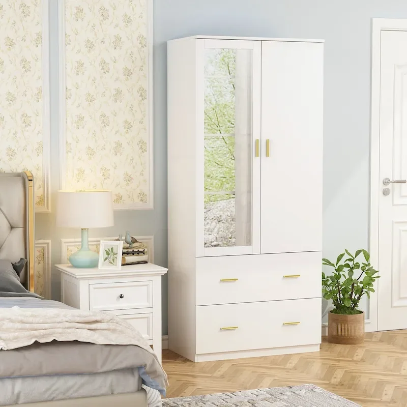 31.5W x 72H Two Door Wardrobe With Mirror White/Dark Brown Armoires - 31.5W x 72H