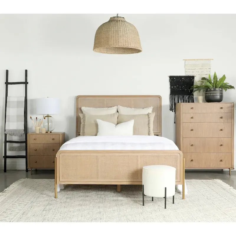 Stevie Sand Wash and Natural Cane Upholstered Panel Bed