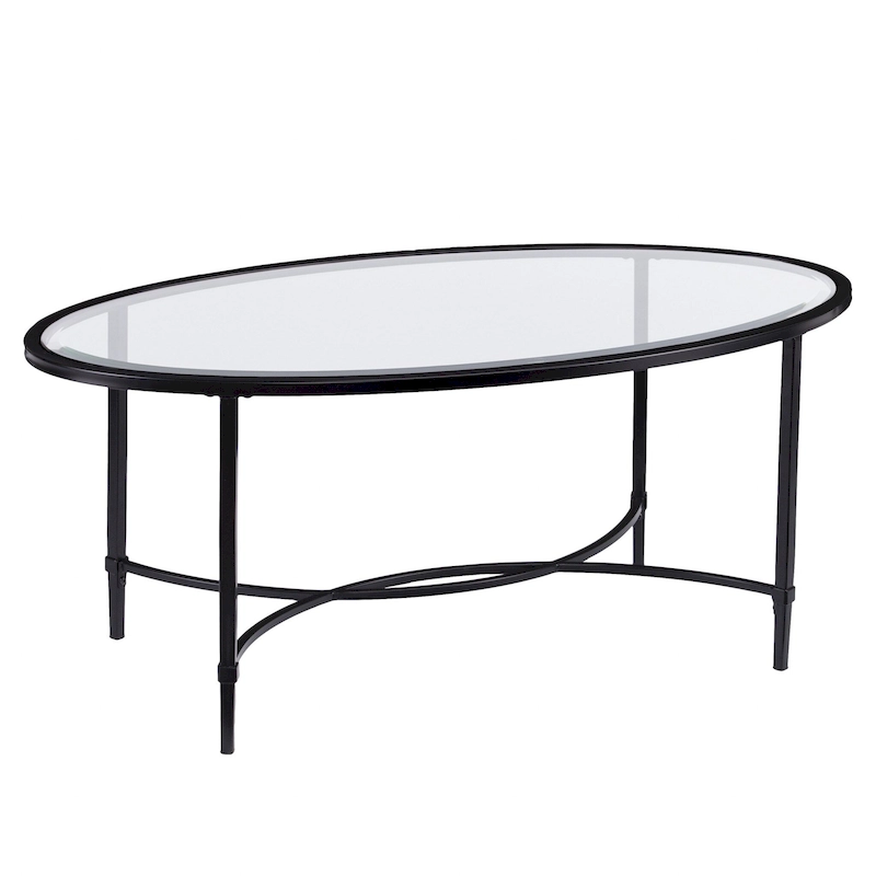 HomeRoots 45 Clear and Black Glass and Metal Oval Coffee Table - 19 H x 45 W x 25 D