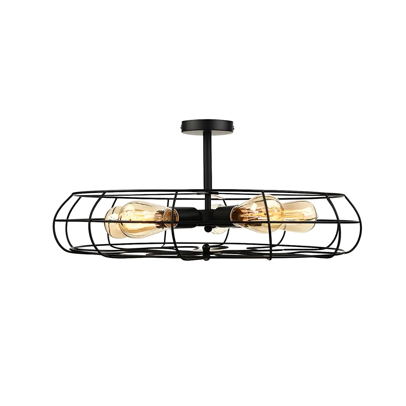 Industrial Metal Black Round Caged Semi Flush Ceiling Light