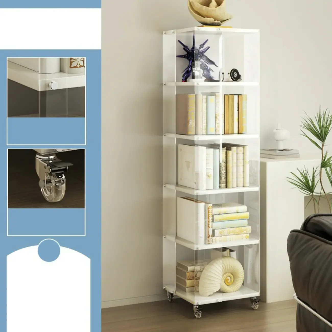 Acrylic 4-Tier Narrow Open Back Bookcase with Wheels