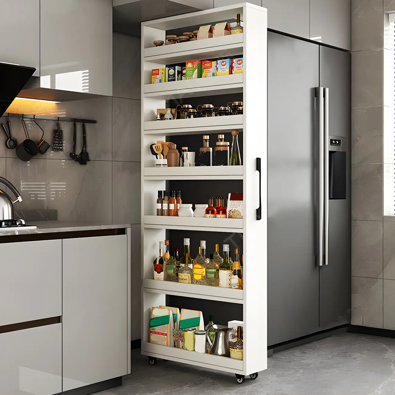 Modern Wooden Buffet Table with Open Shelves and Caster