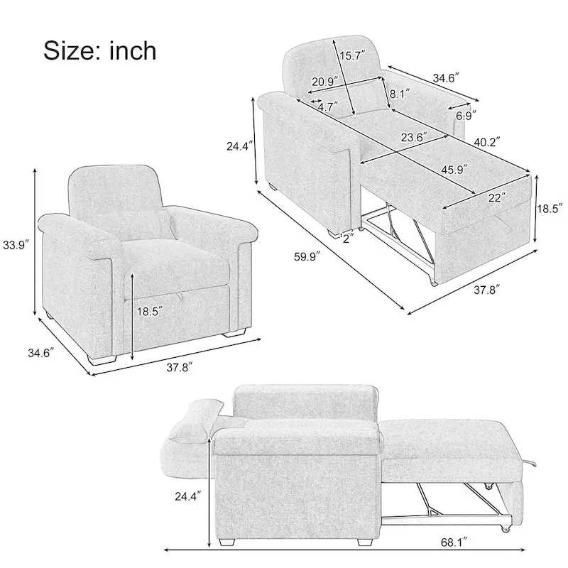 Living Room Lounger Chair 3 in 1 Convertible Sleeper Chair with Pillow