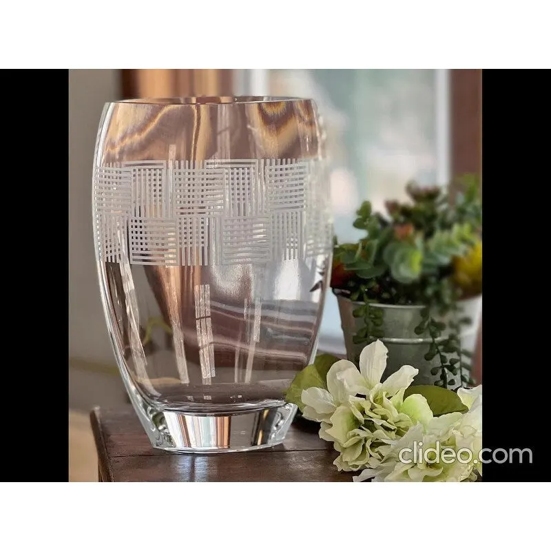Geometric Mouth Blown European 12  Crystal Vase