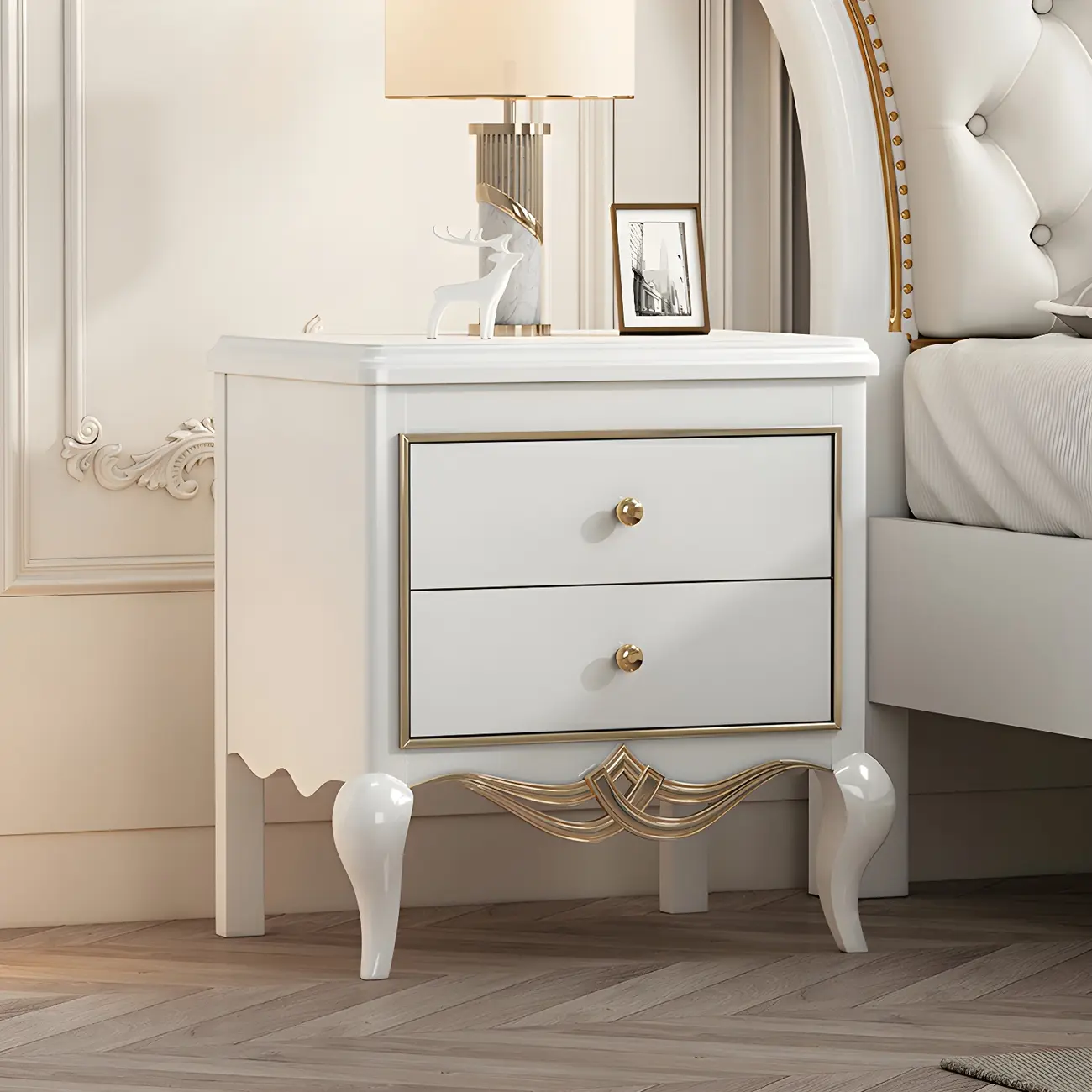 Glam Rubberwood White 2-Drawer Nightstand with Legs