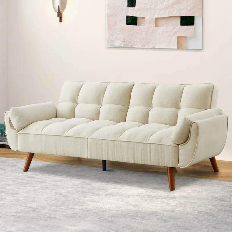 Convertible Futon Sofa Bed, Tufted Linen, Wood Legs, 3-Position Backrest, 500 lbs, Seats 2, Beige/Grey/Green/Yellow
