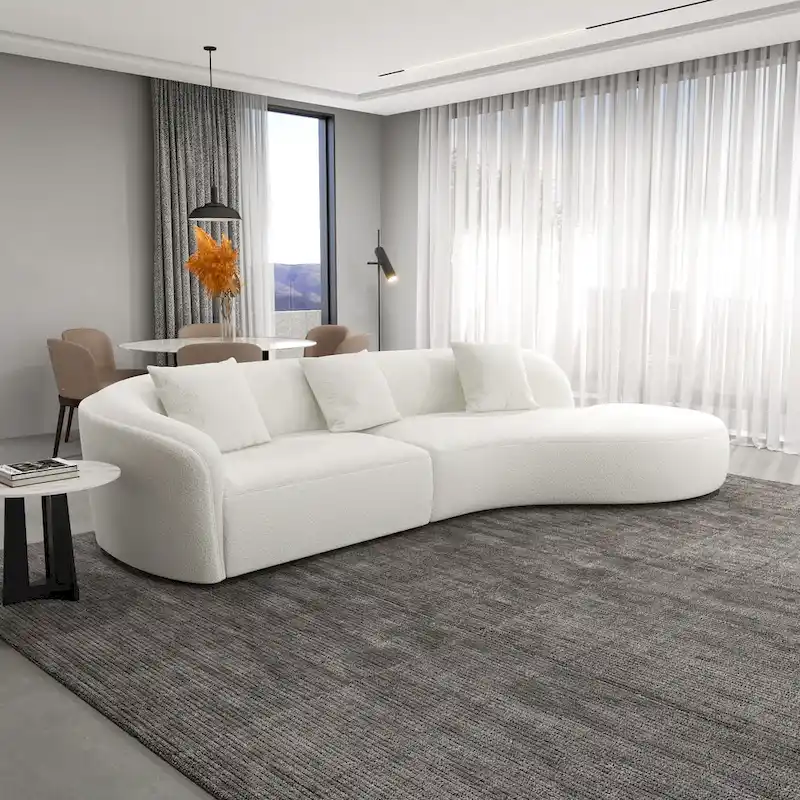 Japandi Curved Sofa with French Boucle Upholstery – Beige / Burnt Orange, Seats 2–3