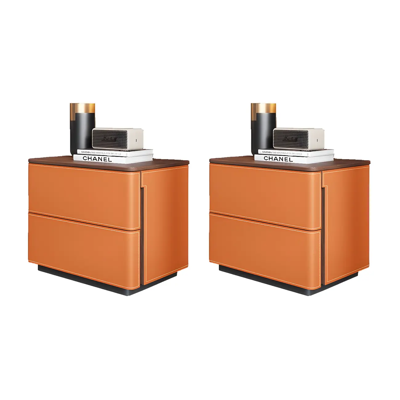 Modern Faux Leather Wood Top Drawers Nightstand