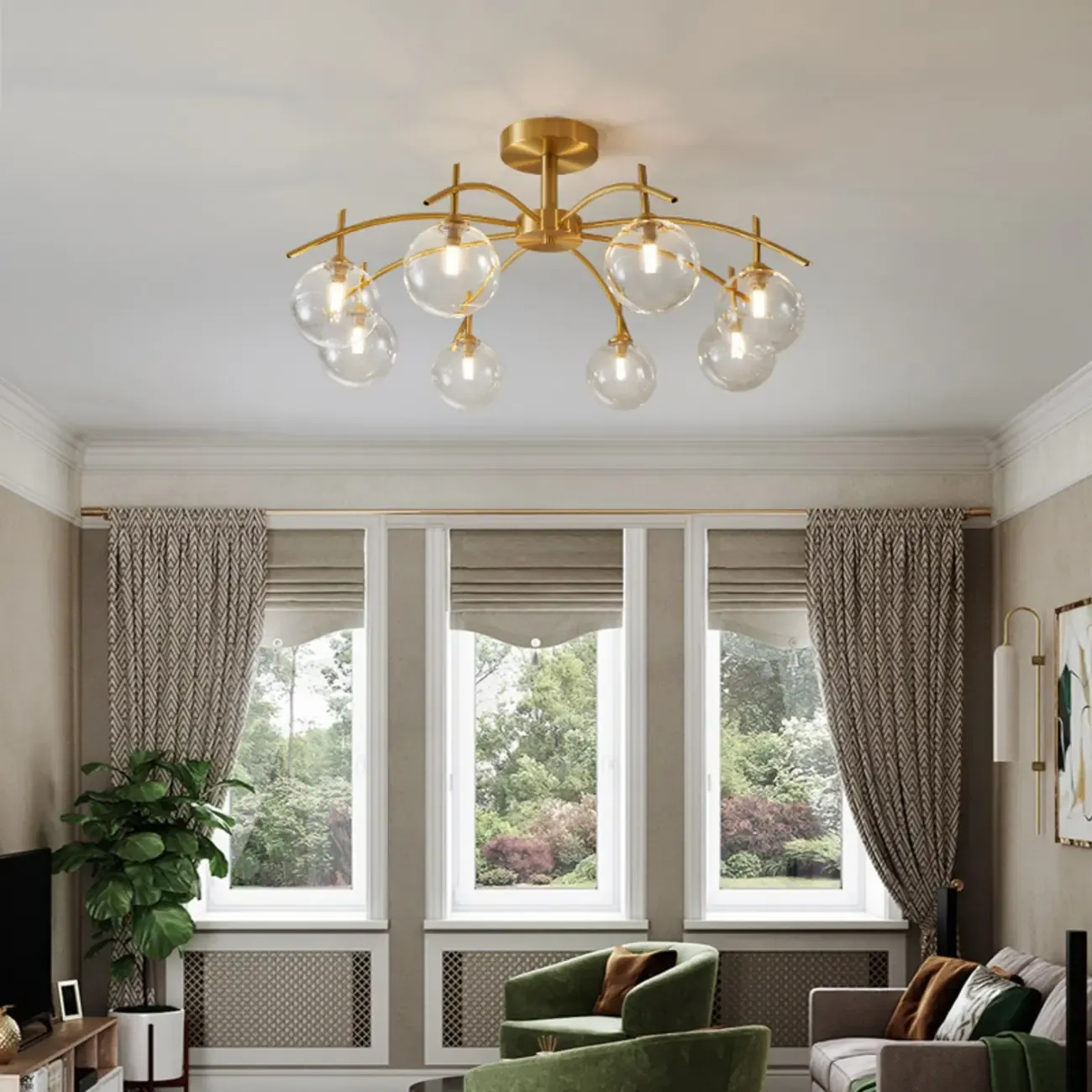 Classic Large Globe Glass Golden Semi Flush Mount Ceiling Light