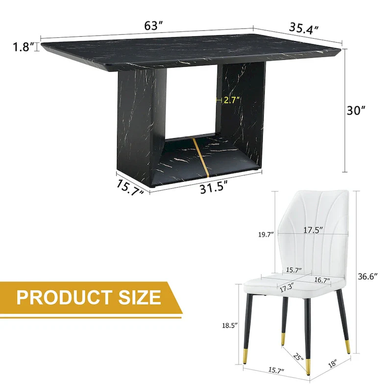Black Marble Pattern Dining Set - 5 Piece with 4 PU Chairs (63