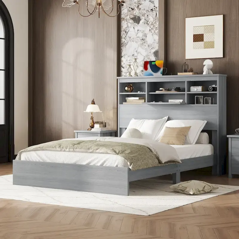 FURNITURE DEMAIN Queen Size Vintage Platform Bed with Storage Headboard and Charging Station