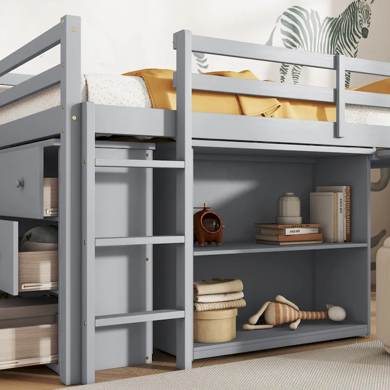 Twin Loft Bed with Pull-Out Desk, 3-Drawer Cabinet & Shelves