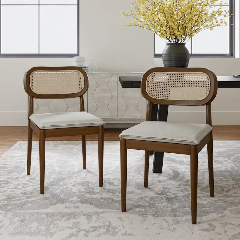 Modern Solid Wood Dining Chair with Ratten Back and Removable Cushion Set of 2 by