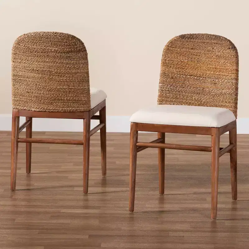 bali & pari 2pc Nadim Natural Seagrass and Acacia Wood Dining Chair Set White/Natural Brown/Natural Seagrass