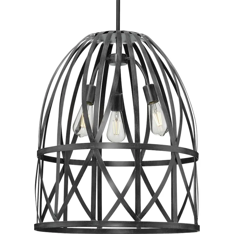 Chastain Collection Three-Light Cerused Black Oak Basket Farmhouse Pendant Light - 20.87 in x 20.87 in x 25.25 in