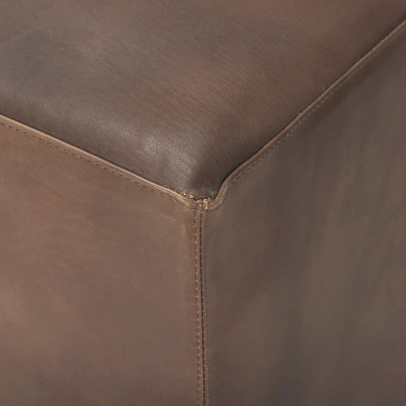 36 Square Ottoman Black Genuine Leather Top-Grain Upholstery Brass Metal Base Modern Living Room Furniture