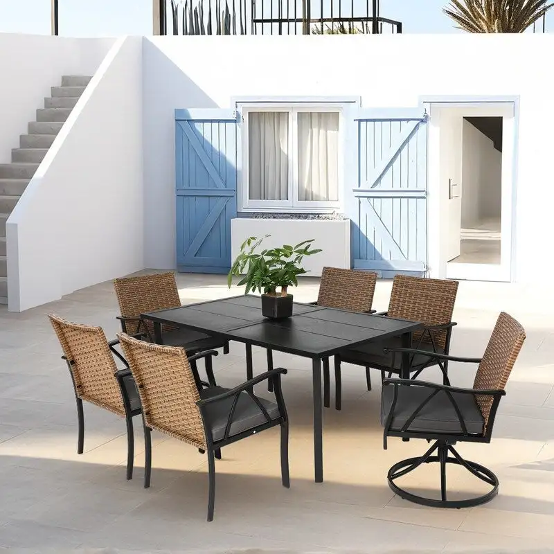 7-Piece Wicker Patio Set - Includes 2 swivel rockers, 4 chairs (all with removable cushions), and a table.