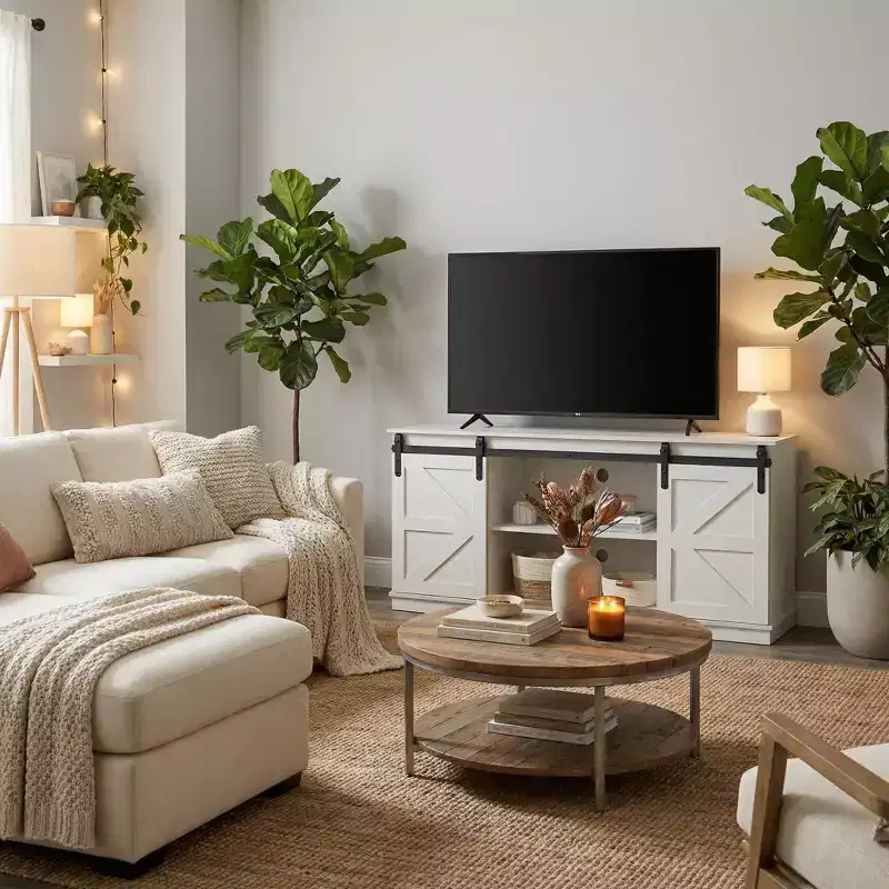 Brown Farmhouse TV Stand with Sliding Barn Doors, Fits TVs up to 65