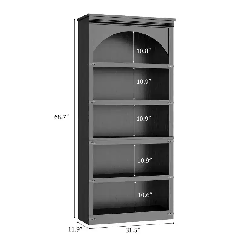 Tall Arched Bookshelf, 5-Tier Farmhouse Bookcase, Wood Grain, 40