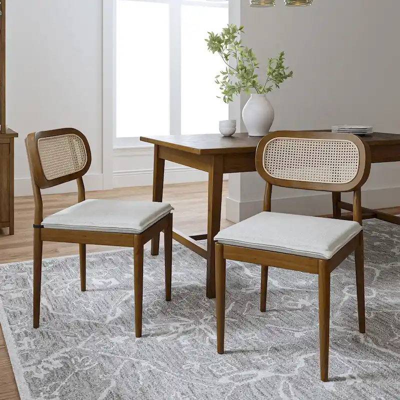 Modern Solid Wood Dining Chair with Ratten Back and Removable Cushion Set of 2 by