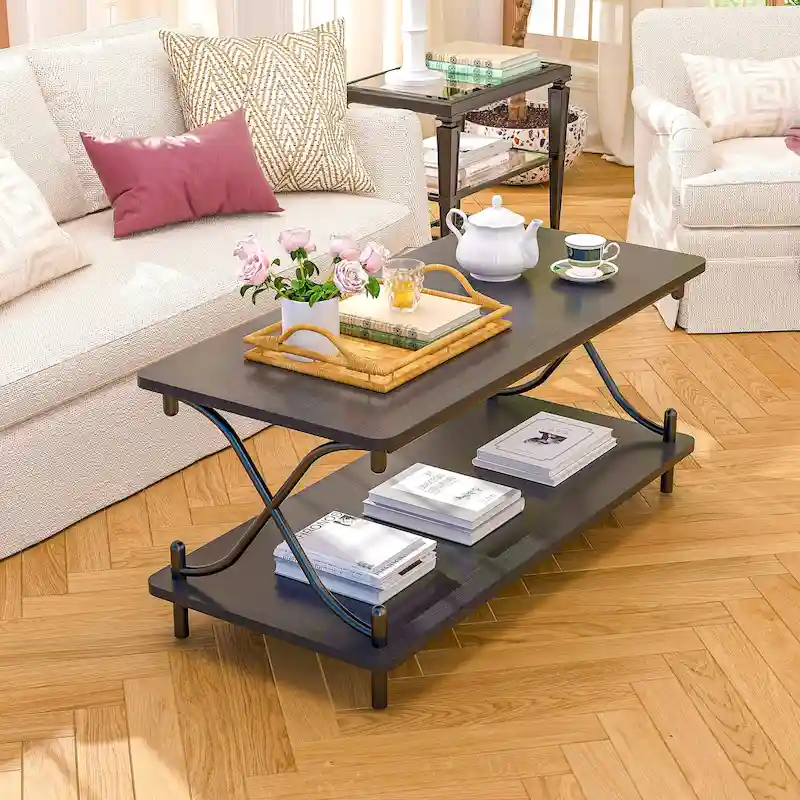 VECELO Coffee Table with Storage and Open Shelves for Living Dining Room 39-Inch, Modern Rectangle & Industrial Design