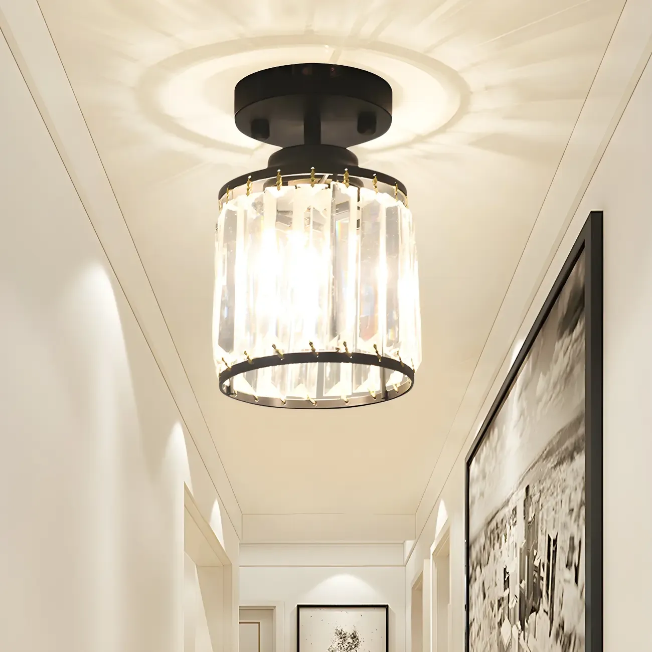 Elegant Clear Crystal Drum Semi Flush Ceiling Light