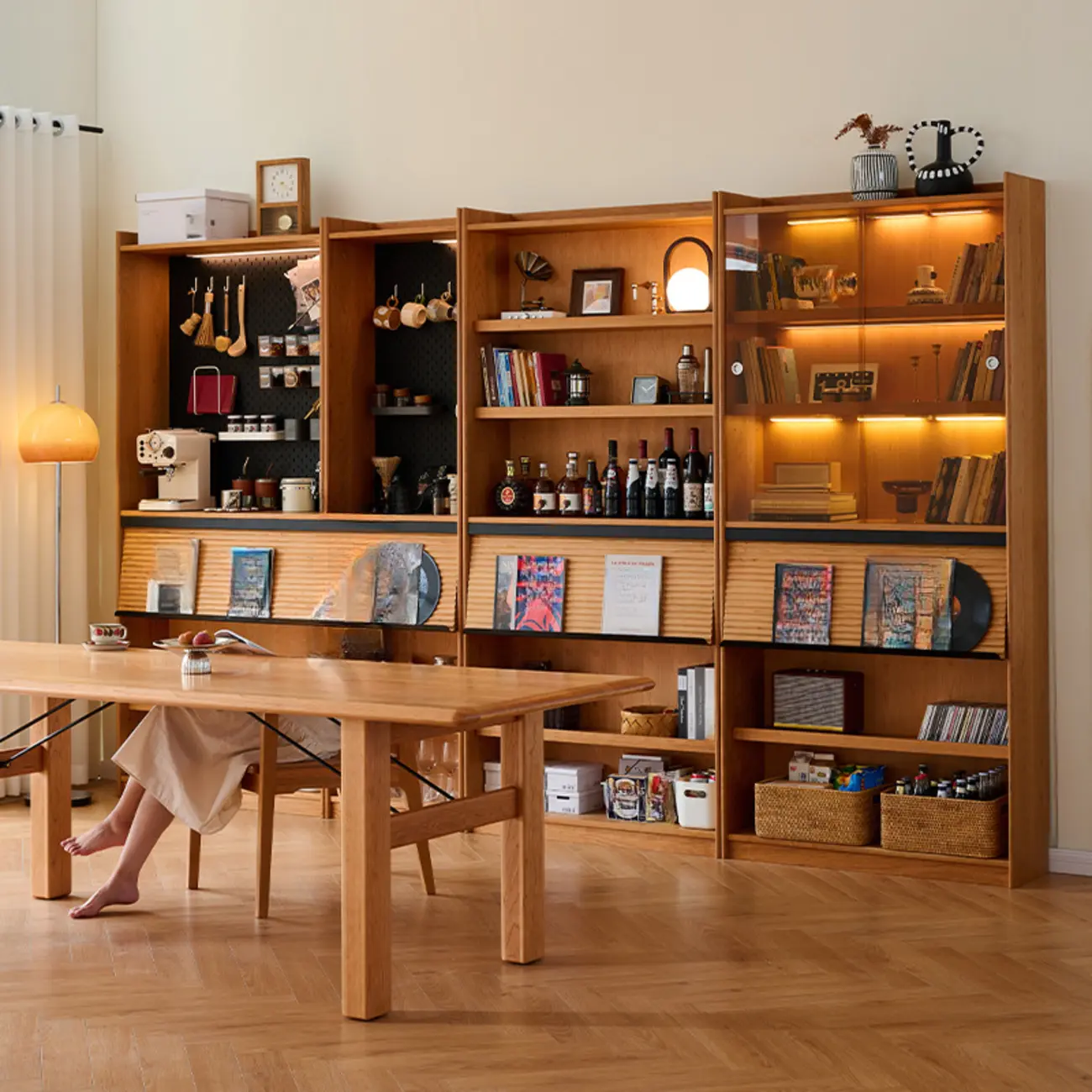 Adjustable Solid Wood Brown Display Cabinet with Light