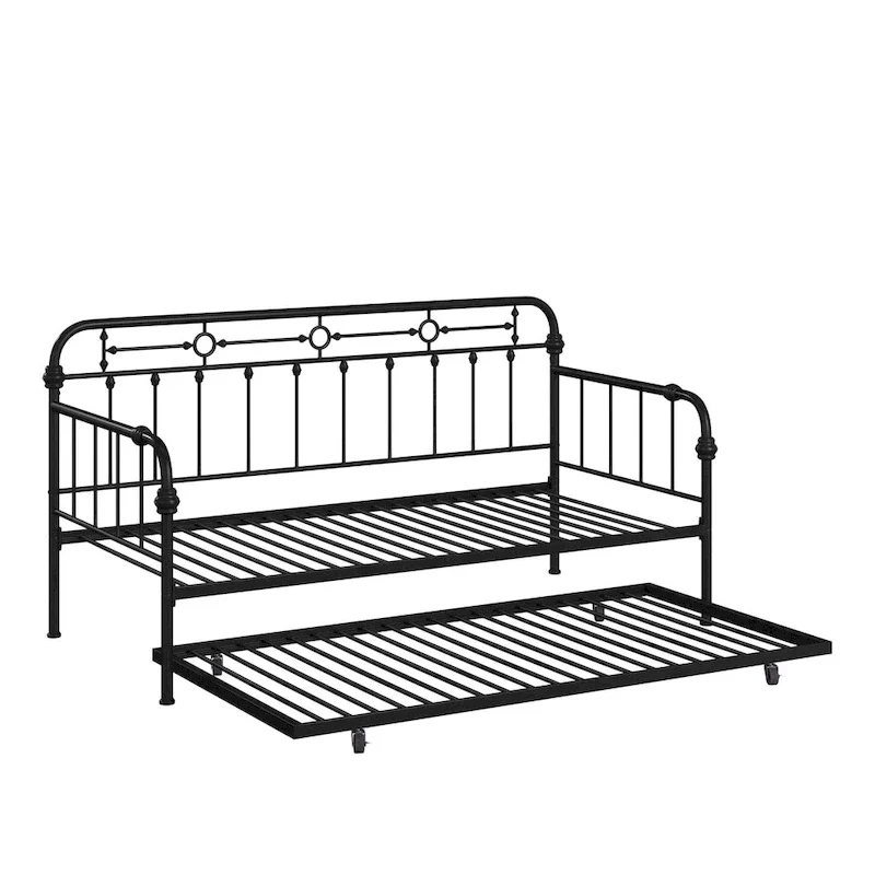 Antique Dark Bronze Metal Daybed with Trundle, Classic Style Twin Guest Bed