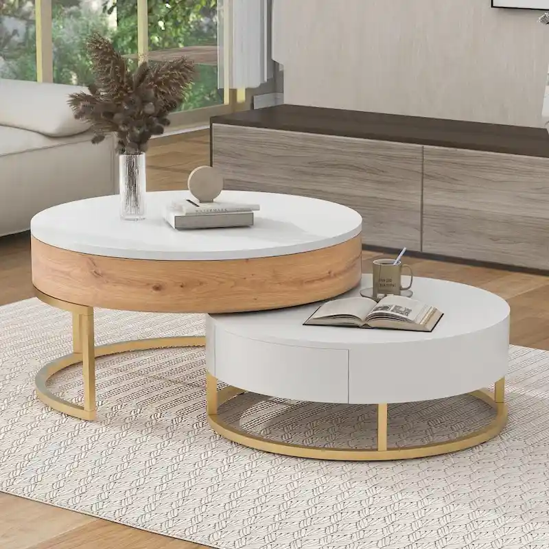 Modern Round Lift-top Nesting Coffee Tables with 2 Drawers