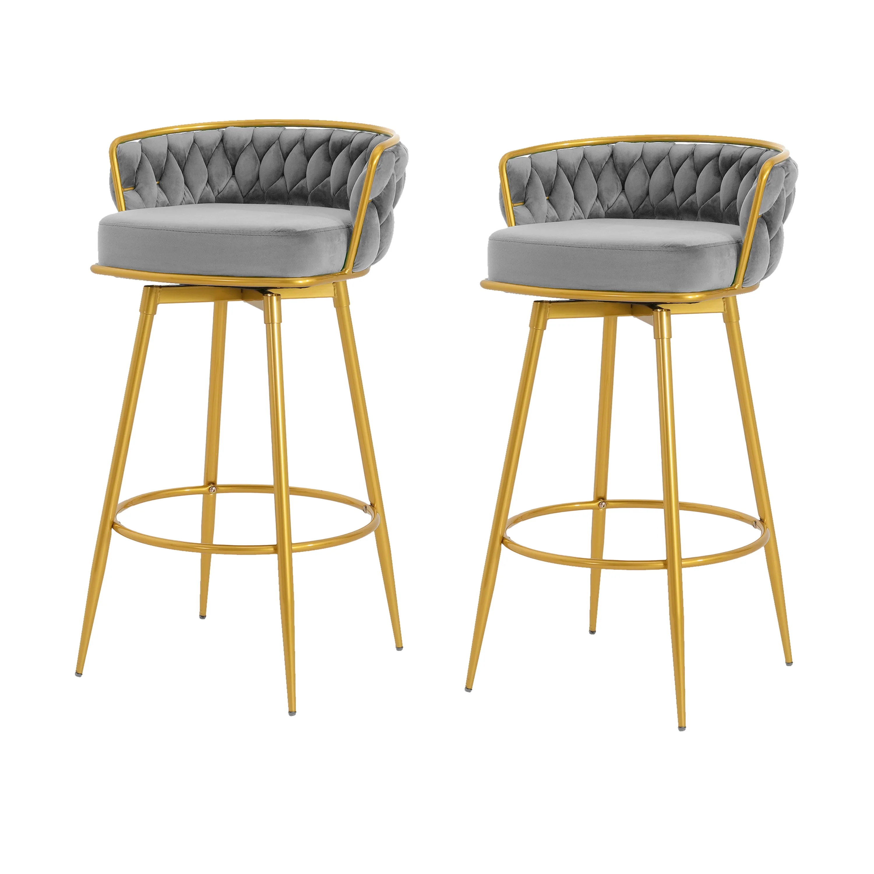Set of 2 Velvet Swivel Bar Stools 180¡ã Gold Frame w/ Woven Back & Footrest