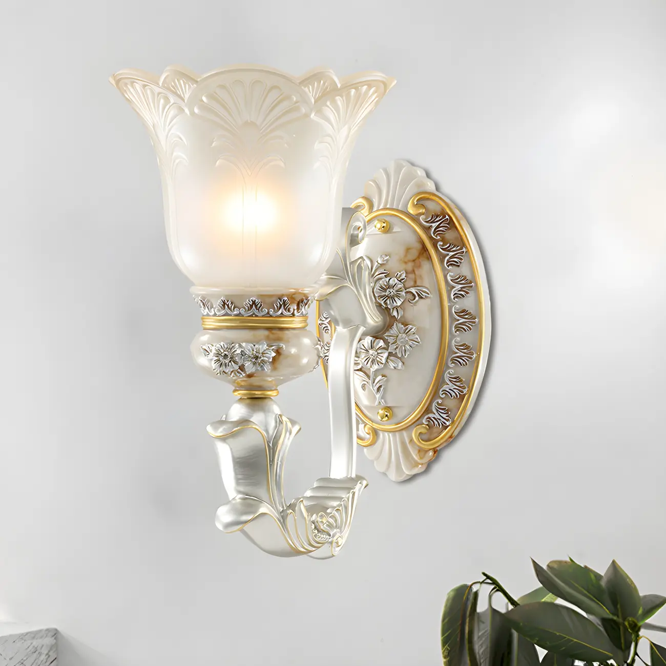 Elegant White Gold Floral Glass Retro LED Wall Light