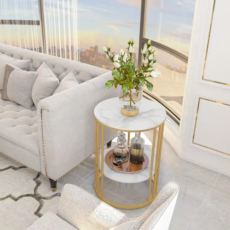 2 Tier Round Sintered Stone End Table Sofa Side Table with Golden Frame
