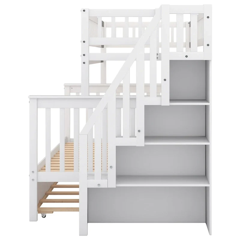 Twin over Full Bunk Bed with Trundle and Staircase,Gray