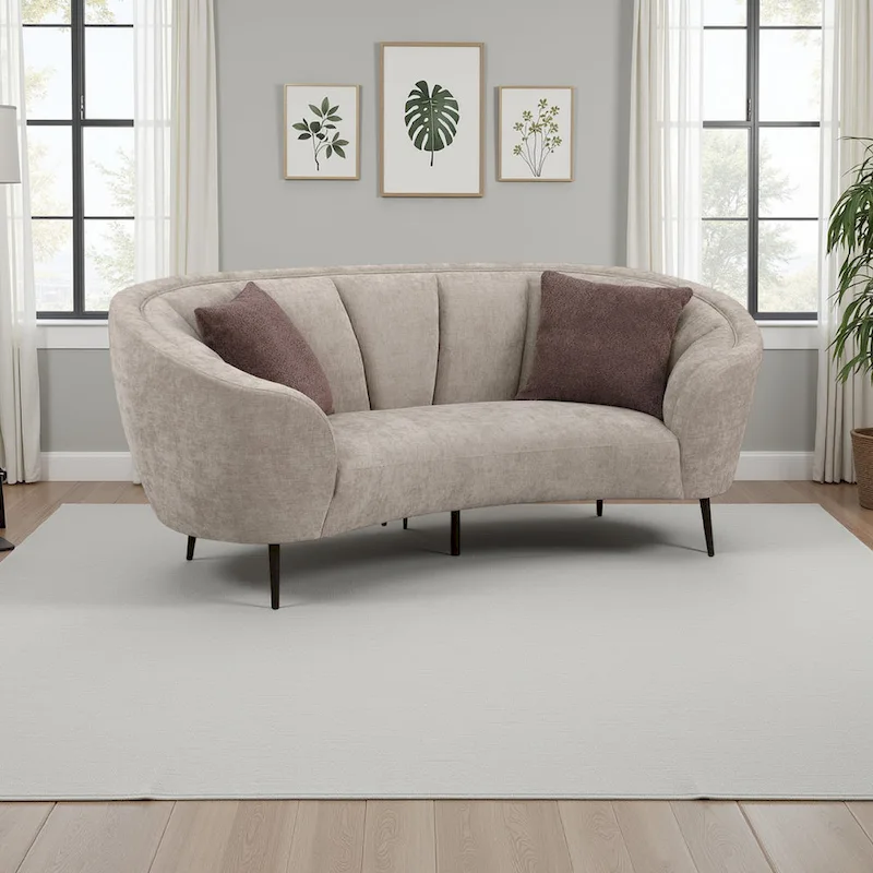 84-Inch Curved Loveseat in Beige with 2 Accent Pillows