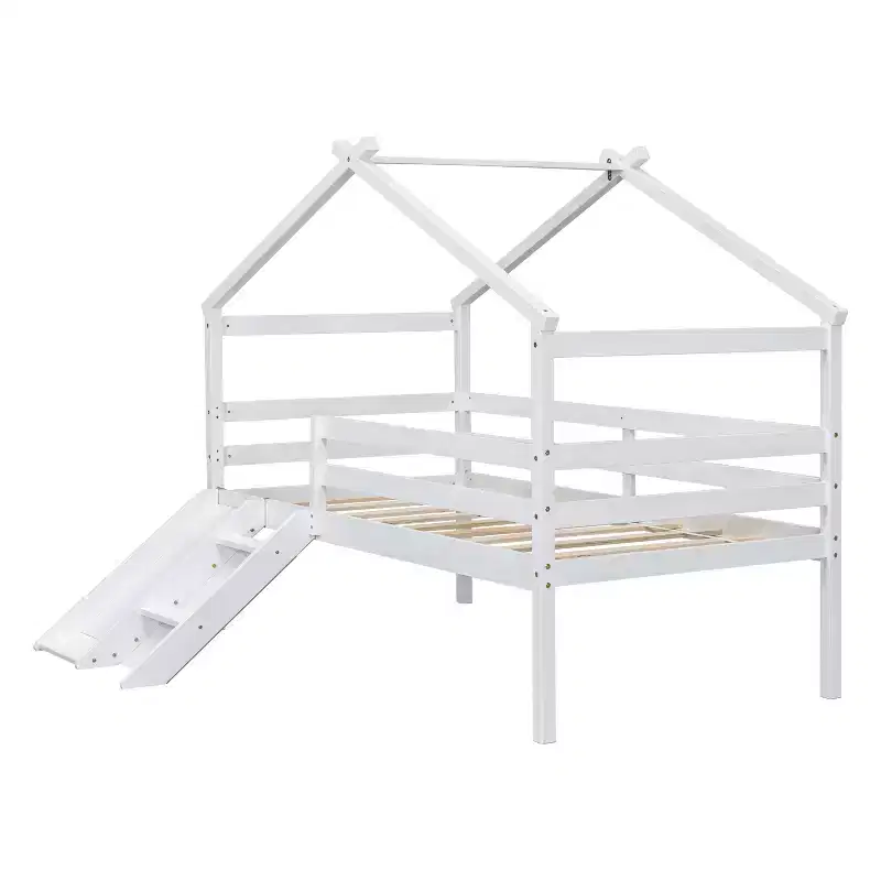 Whisen 81.7L x 67.6W Twin Low Loft House Bed with Slide, Ladder, Safety Guardrails, House Roof Frame