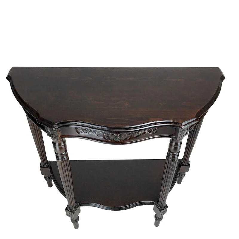 Half Crescent Moon Shape Engraved Wooden Console Table with 1 Drawer,Brown