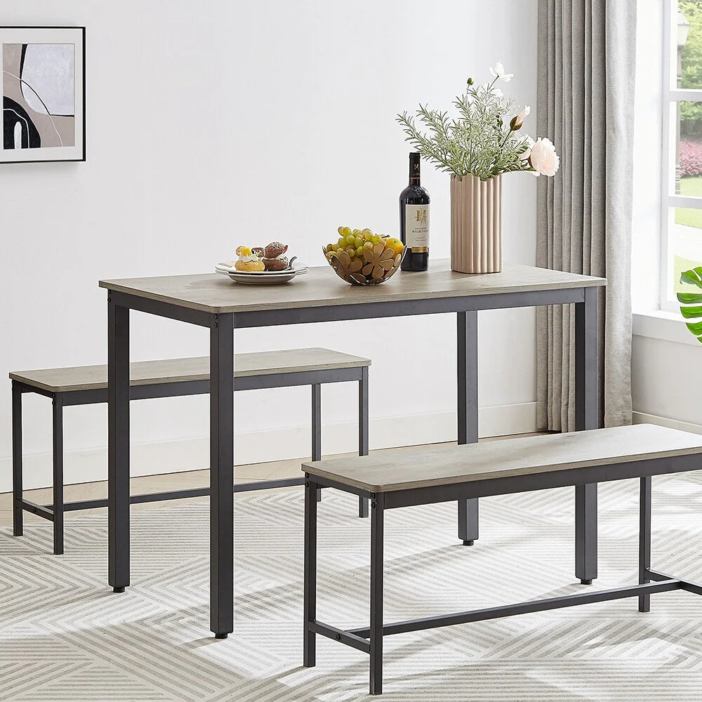 Dining Table Set, Wood Bar Table Set, Kitchen Table w/2 Benches - 3-Piece