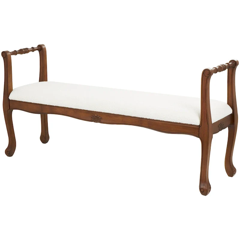 Fabric Arm Bench with Brown Traditional Wood Turned Legs - Cream - Roche River Decor - 16  W x 55  L x 27  H