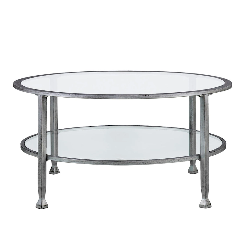 SEI Furniture Glenn Distressed Silver Round Coffee Table with Glass Top and Shelf