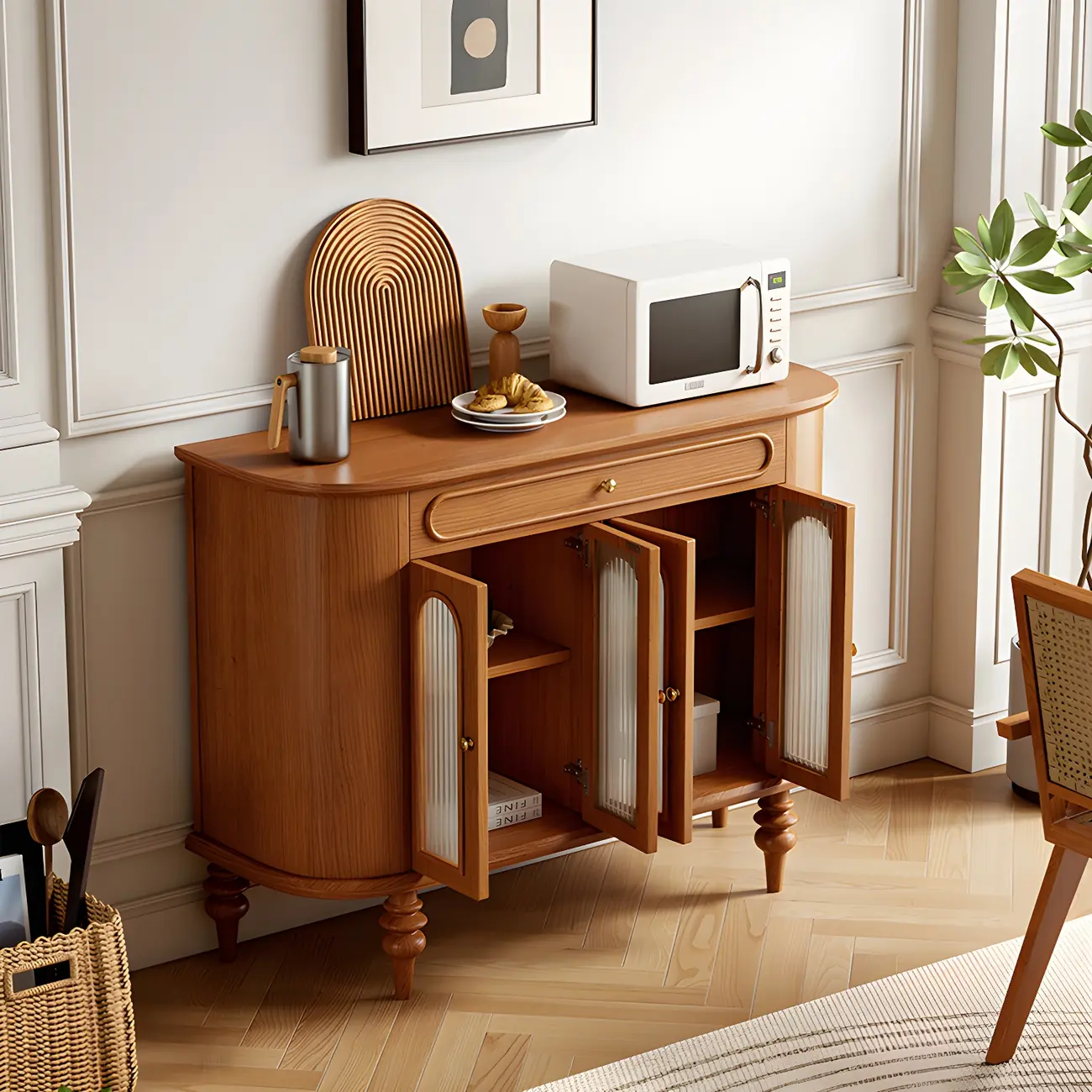 French Country Wooden Buffet Table with Cabinets