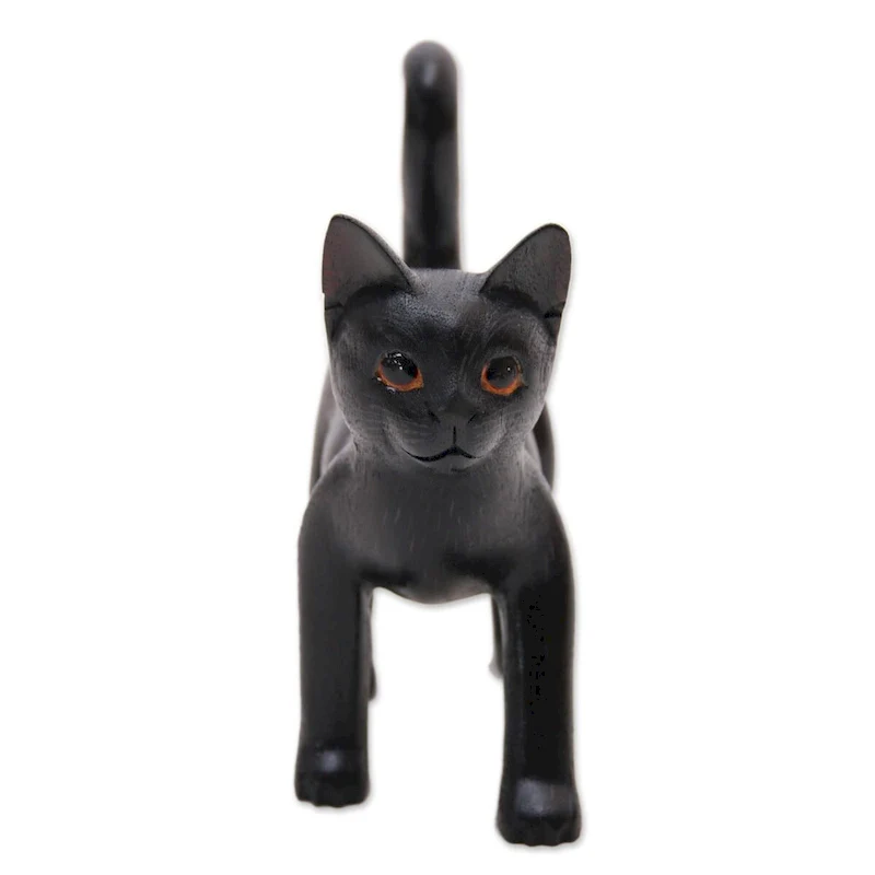 Handmade Curious Kitten In Black Wood Sculpture (Indonesia) - 7.25  H x 6.25  W x 3  D