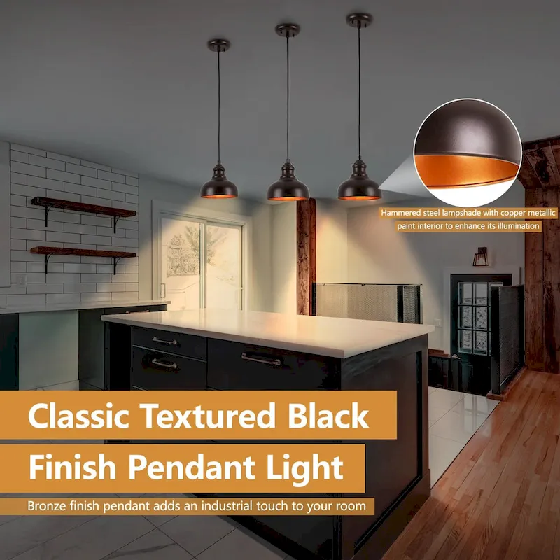 1-Light Black Hanging Pendant with Metal Dome Shaded