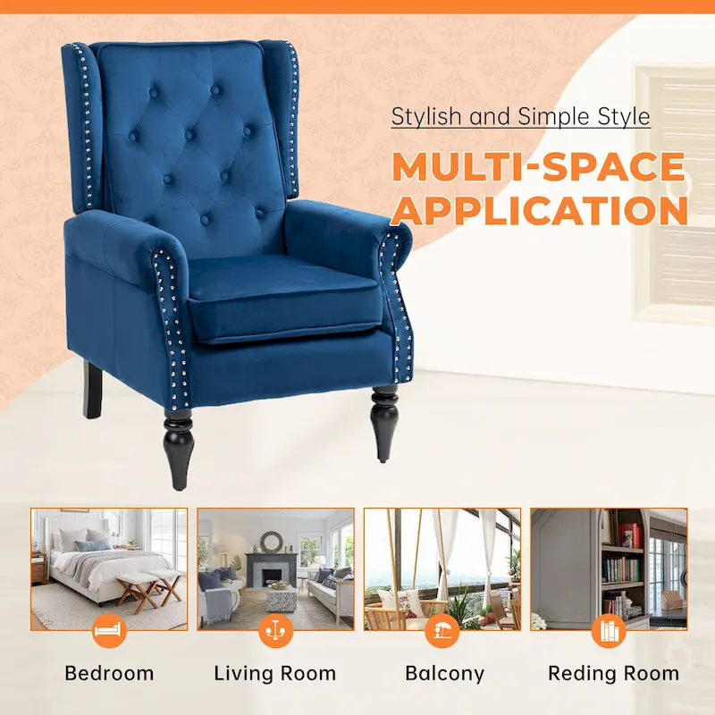 Mid-Century Velvet/Leather Upholstered Tufted Wood Frame Armchair