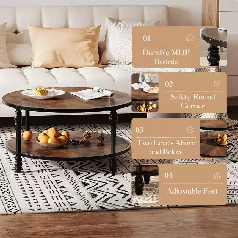 COZONY Round 2-Tier Rustic Coffee Table with Wood Top & Sturdy Roman Column Metal Legs, Easy Assembly Living Room Center Table
