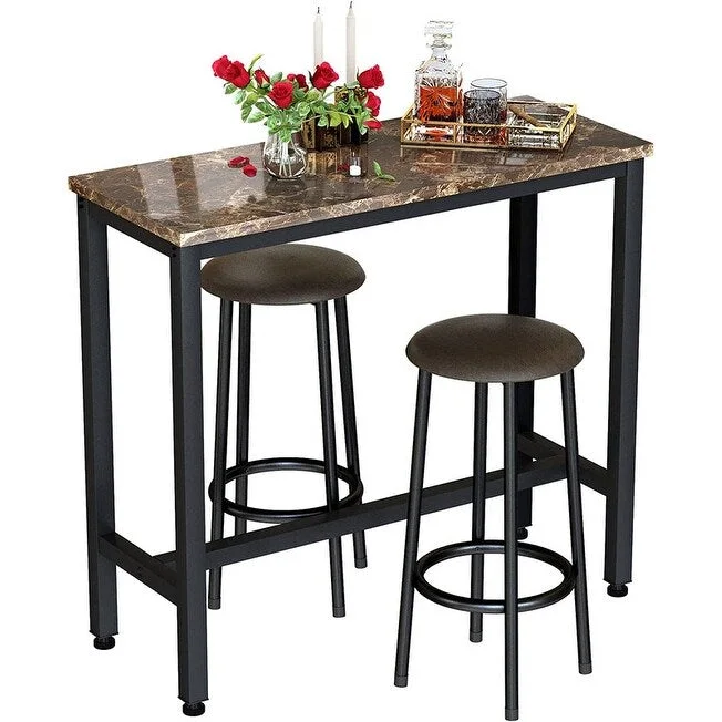 3 Piece Kitchen Pub Dining Set, Modern Faux Marble Counter Height Bistro Bar Table Set with 2 PU Leather Bar Stools