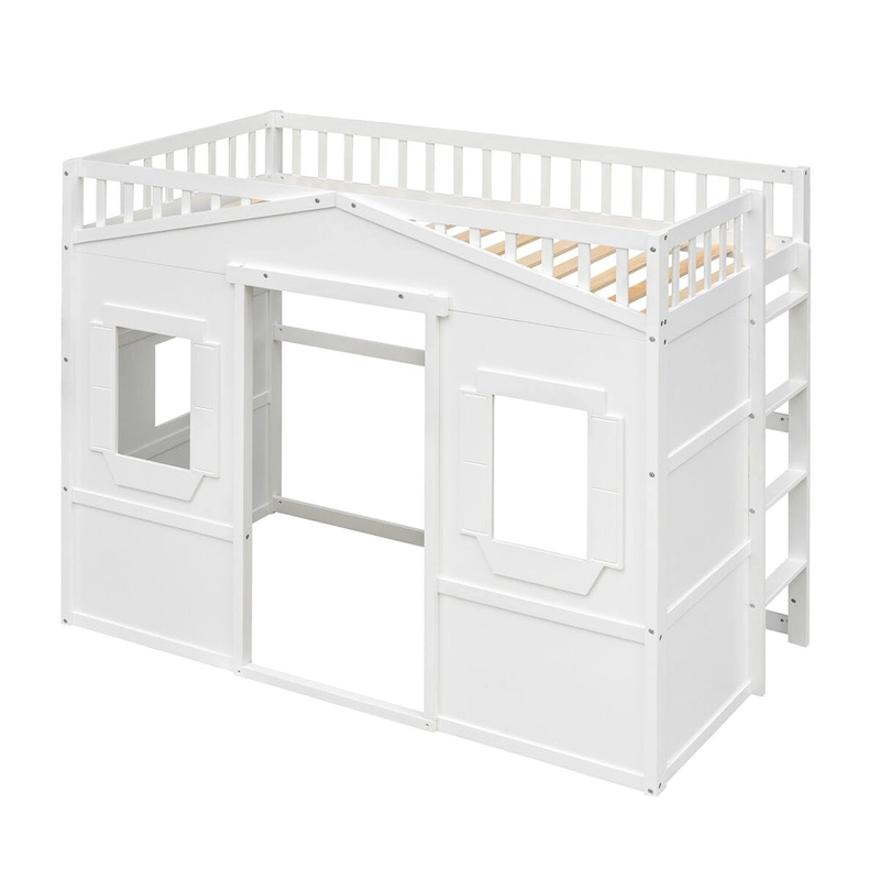Twin Size Creativity House Bed Wooden Loft Bed with Built-In Ladder and Underbed Storage Space, Full-Length Guardrail