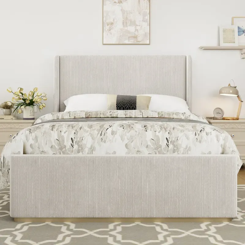 King Size Corduroy Upholstered Bed with 47 Wingback Headboard with Metal/Wood Frame (No Box Spring Needed)