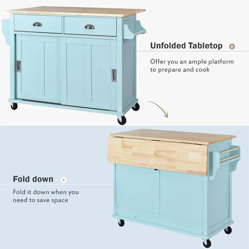 Kitchen Cart with Rubber wood Drop-Leaf Countertop