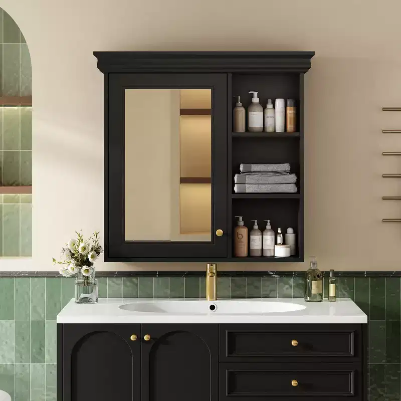 FAMYYT 30 in. W x 28 in. H Rectangular MDF Medicine Cabinet with Mirror, Adjustable Shelf, Soft-closing Hinges, Open Shelves