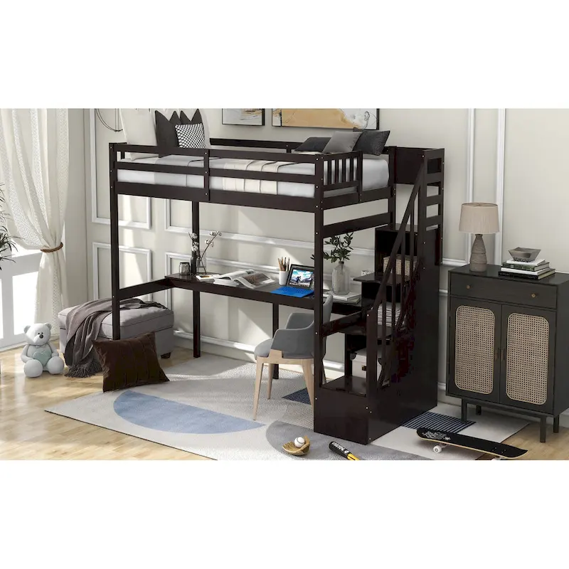 Twin Pine Loft Bed with Desk and Staircase